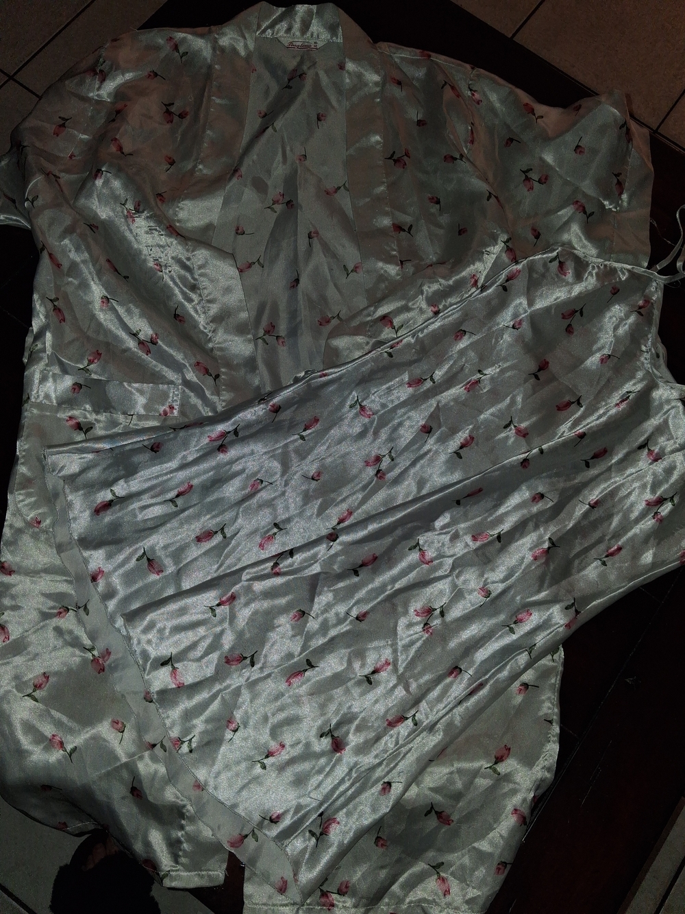 Silky Floral Embroidered Robe in Light Silver with Pink Roses